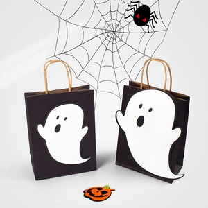 Black Halloween candy bags with white ghost prints and natural kraft paper handles