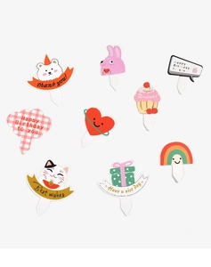 Detailed view of 9 cute cartoon cupcake toppers with thank you and birthday messages