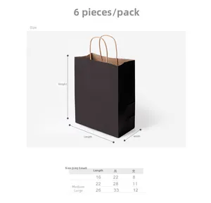 Maattabel voor zwarte kraft papieren cadeauzakjes in S, M, L, 6 stuks per verpakking