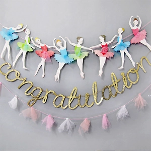 Gold glitter Congratulations banner with colorful ballet dancers and pink tulle pom decorations