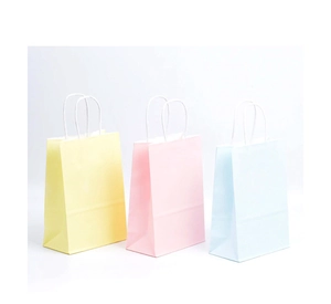 Detailweergave van pastelkleurige kraftpapier geschenktassen met witte handvaten in 3 kleuren
