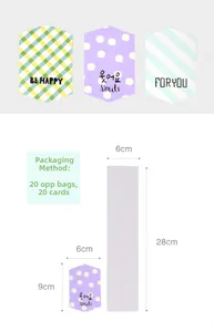 Detail view of colorful patterned folding cards and OPP bags with size specifications