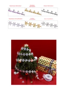 Detail of Christmas ribbon rolls featuring cut-out reindeer and snowflake patterns
