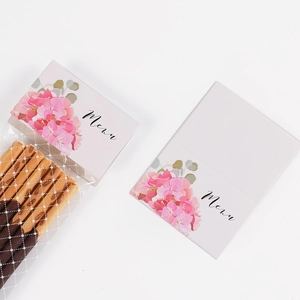 Floral packaging cards with pink hydrangea design and Menu text for bakery bags