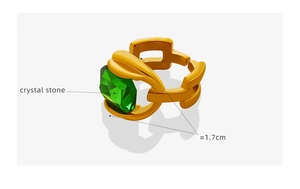 Detail of vintage emerald crystal ring with golden chain band and 1.7cm size mark