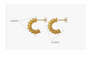 Detailed view of gold plated C-shaped earrings with textured ribbing and size dimensions