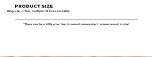 Size guide for rings showing 1.7cm diameter and available in multiple US ring sizes