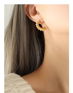 Close-up of golden twisted croissant hoop earrings worn by a model in warm light
