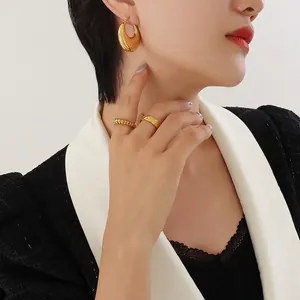 Polished 18K gold-plated chunky hoop earrings and quilted texture ring set for women