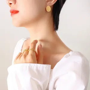 Golden titanium steel jewelry set featuring embossed rose earring and textured rings