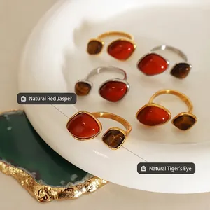 Vintage 18K gold plated stainless steel rings with natural red agate and tiger eye stones