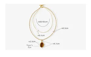 Detail showing dimensions of gold double-layer necklace with oval tiger eye pendant