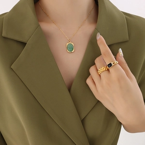 Square Pendant Necklace Titanium Steel 18K Gold Plated Natural Gemstone Hammered Texture Vintage Fashion Jewelry