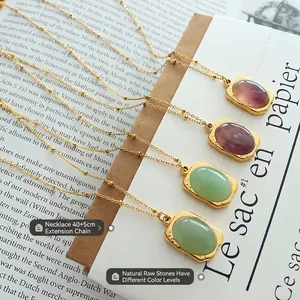 Vintage 18K gold plated titanium steel necklaces with natural gemstone rectangle pendants