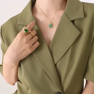 Titanium steel square pendant necklace with green gemstone and matching ring set