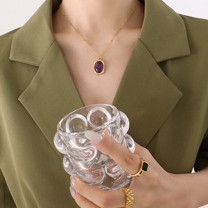 Vintage style titanium steel necklace with purple stone pendant and gold rings set