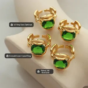 Retro emerald crystal rings set in 18K gold plated titanium steel for women