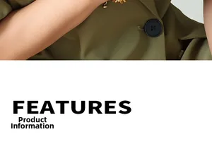 Detail of army green blazer collar with black buttons and gold floral necklace