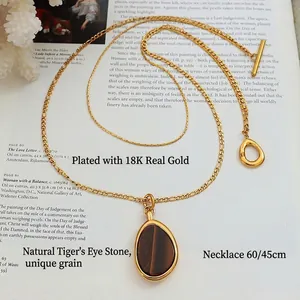 Double-layer 18K gold plated Figaro chain necklace with natural tiger eye stone pendant