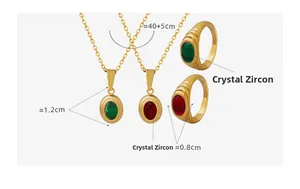 Detail of gold Egyptian necklace and ring set with red green zircon and dimensions