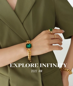 Chunky gold chain bracelet featuring a large emerald green crystal stone on a wrist