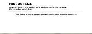 Detailed size chart for necklace, shell pendant, and earrings jewelry set dimensions