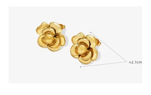 Detailed close-up of 2.1cm 18K gold-plated camellia earrings with layered petal texture