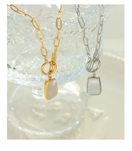 Detail of elegant gold and silver OT buckle necklaces with rectangular white shell pendants