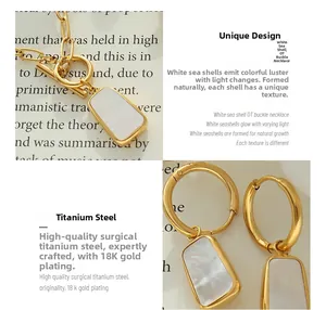 Detailed macro shot of 18K gold-plated titanium steel necklace and white shell earrings