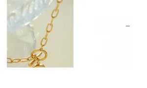Detail of gold chain necklace with toggle clasp and long rectangular pendant charm