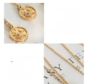 Macro detail of 18K gold plated celestial coin pendant with moon and star zircon inlay