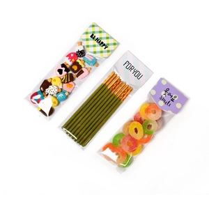 Detail of cute Korean style DIY food charms in transparent OPP bags with decorative cards