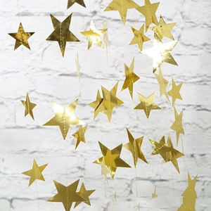 Golden star garland banner with reflective metallic finish for birthday party wall decor