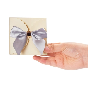 Gros plan d'une boîte cadeau crème avec un nœud en ruban de satin argenté brillant