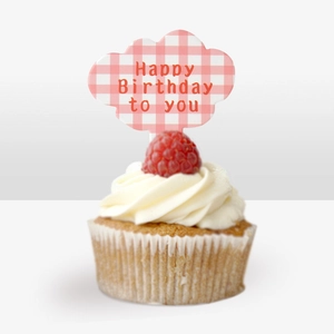 Pink checkered cloud Happy Birthday cupcake topper with red script on a fresh cupcake