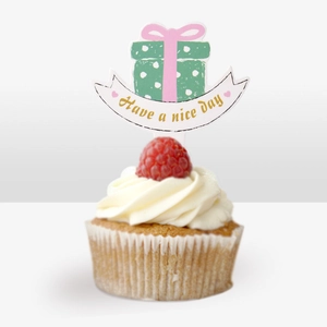 Cartoon green polka dot gift box cupcake topper with Have a nice day banner for baking