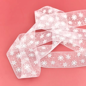 White snowflake organza ribbon for Christmas gift wrapping and holiday decoration