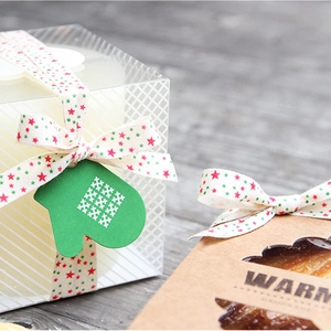 Detail of Christmas gift wrapping with red and green star cotton ribbon and paper tags