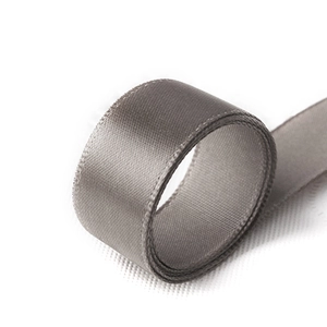 Medium gray satin ribbon roll with smooth silk texture and reinforced edges for gift wrapping