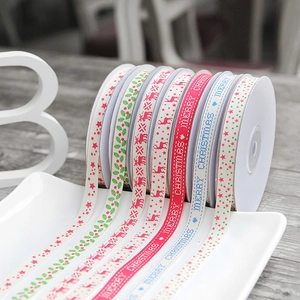 10mm Christmas cotton ribbon roll with red elk deer and festive snowflake patterns