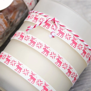 10mm cream cotton Christmas ribbon with red reindeer and snowflake pattern for gift wrap