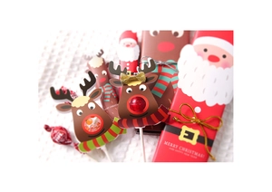 Close-up of Merry Christmas reindeer and Santa lollipop paper card holder for party gift