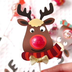 Cute reindeer lollipop decoration cards for Christmas candy packaging with red bow