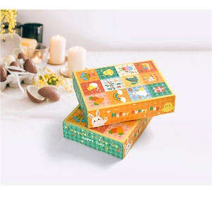 Detailed view of colorful Easter surprise blind boxes with cartoon bunny and egg illustrations