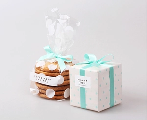 Detalle de lazos de cinta decorativa azul claro en caja de regalo y bolsa con puntos