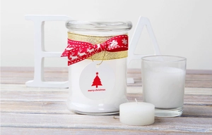 Festive Christmas candle set with red grosgrain ribbon and Merry Christmas gift tags
