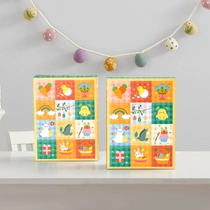 Colorful Easter surprise gift boxes with cartoon rabbit and chick illustrations