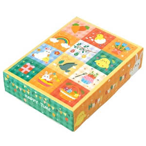 Colorful Easter surprise gift box with cartoon rabbit and chick grid pattern illustrations