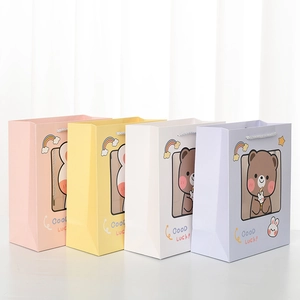 Set of 4 pastel gift bags with transparent windows and cute bunny bear illustrations