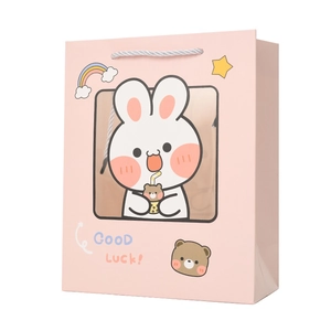 Pink cartoon gift bag with a clear window and cute rabbit design for kids presents
